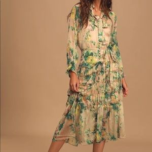 Beige Floral Print Ruffled Tiered Midi Dress